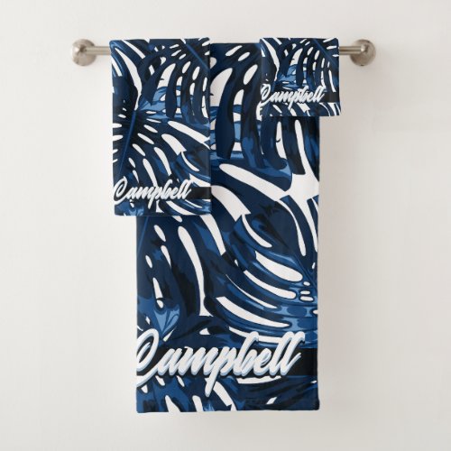 Tropical Navy Blue White Jungle Leaves Name Bath Towel Set