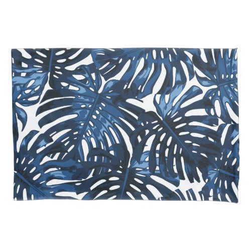 Tropical Navy Blue White Jungle Leaves Pillow Case