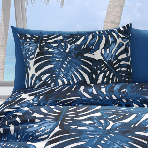 Tropical Navy Blue White Jungle Leaves Pillow Case