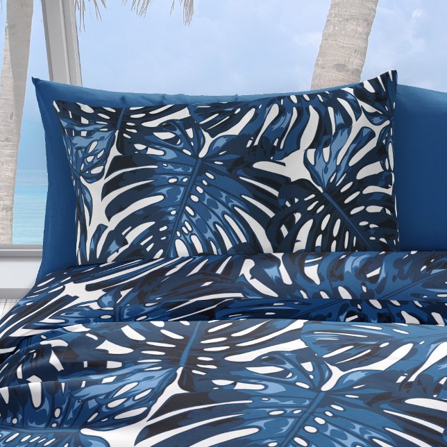 Tropical Navy Blue White Jungle Leaves Pillow Case (Navy blue palm leaves pattern pillow case)