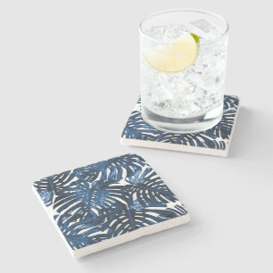 Tropical Navy Blue White Jungle Leaves Stone Coaster