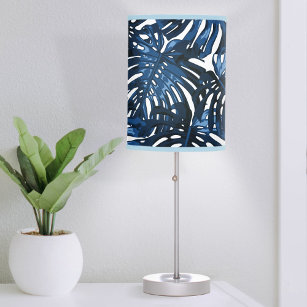 Tropical Navy Blue White Modern Jungle Leaves Table Lamp