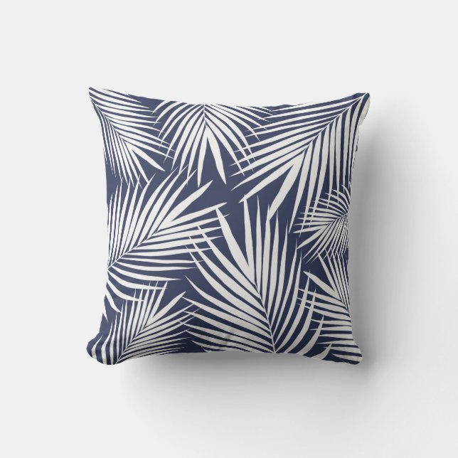 Tropical Navy Blue White Palm Leaves Outdoor Pillo Pillow (Front)