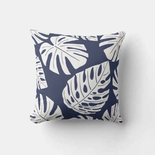 Tropical Navy Blue White Palm Monstera Leaves Outd Outdoor Pillow