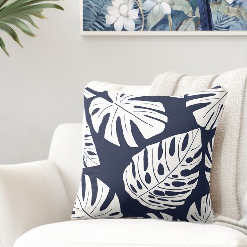 Tropical Navy Blue White Palm Monstera Leaves Throw Pillow