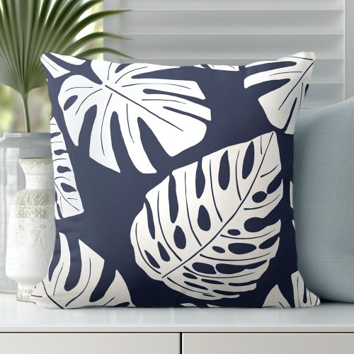 Tropical Navy Blue White Palm Monstera Leaves Throw Pillow