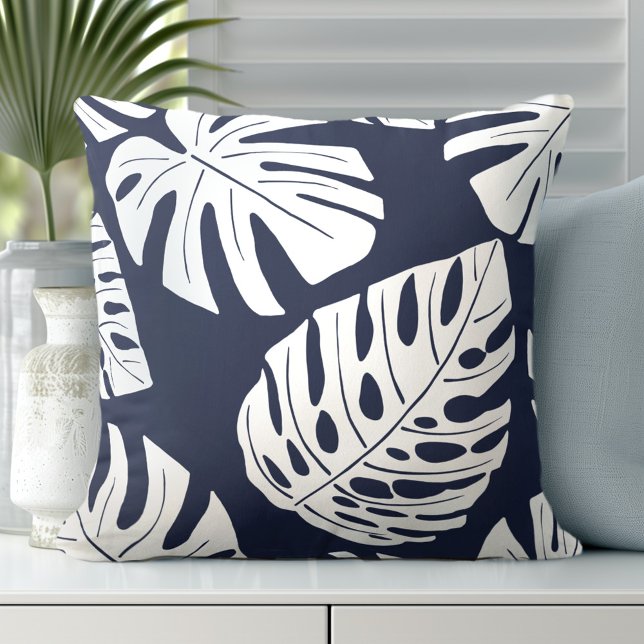 Tropical Navy Blue White Palm Monstera Leaves Throw Pillow (Discover Gorgeous Coastal Throw Pillows by Totally Coast)