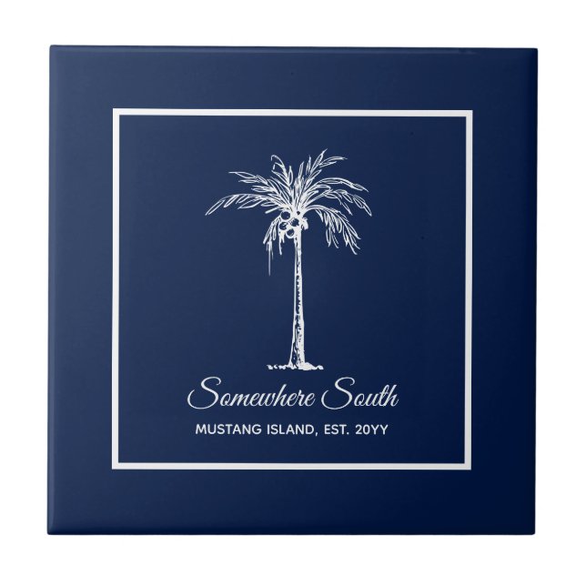 Tropical Navy Blue White Palm Tree Personalized Ceramic Tile (Front)