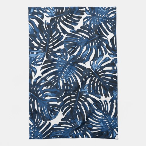 Tropical Navy Blue White Stylish Palm Leaves Kitchen Towel