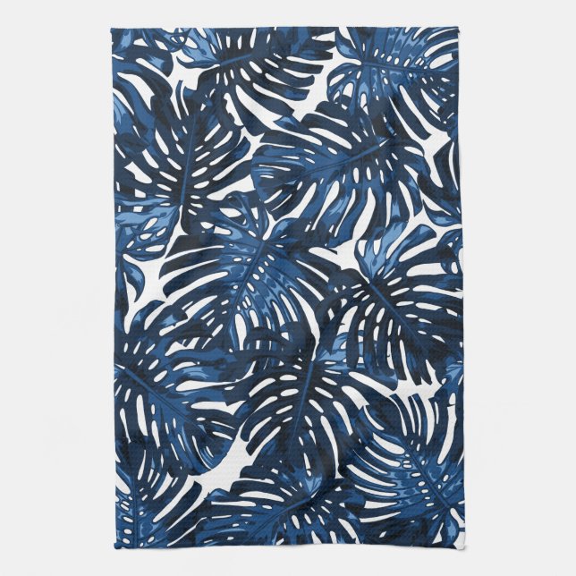 Tropical Navy Blue White Stylish Palm Leaves Kitchen Towel (Vertical)