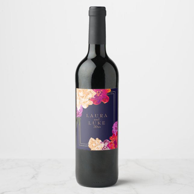 Tropical, Navy Floral Wine Label (Front)
