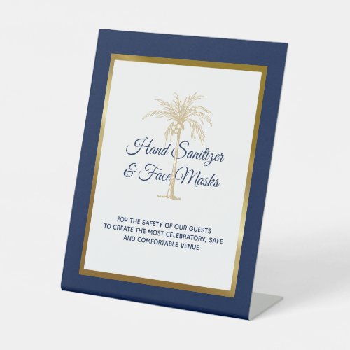 Tropical Navy Gold Palm Tree Wedding Sanitation Pedestal Sign