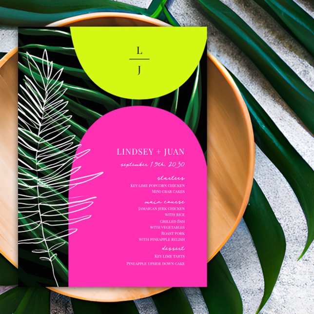 Tropical Neon Arches Palm Leaf Monogram Wedding Menu (Creator Uploaded)