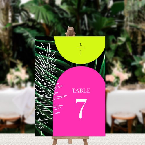 Tropical Neon Arches Palm Tree Monogram Wedding Table Number