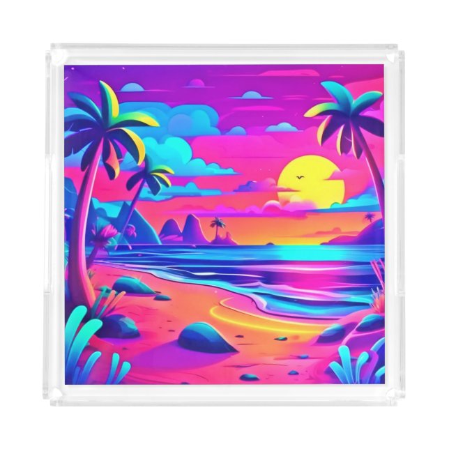 Tropical Neon Beach Sunset Art Acrylic Tray (Front)