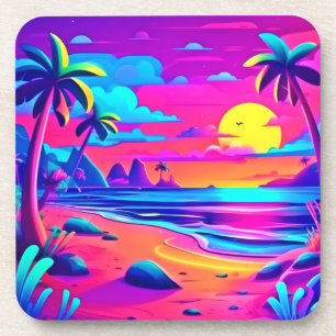 Tropical Neon Beach Sunset Art Beverage Coaster