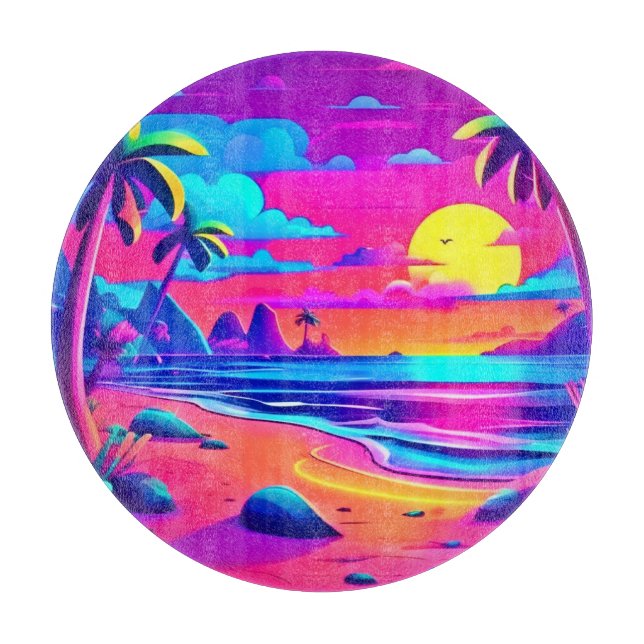 Tropical Neon Beach Sunset Art Cutting Board (Front)