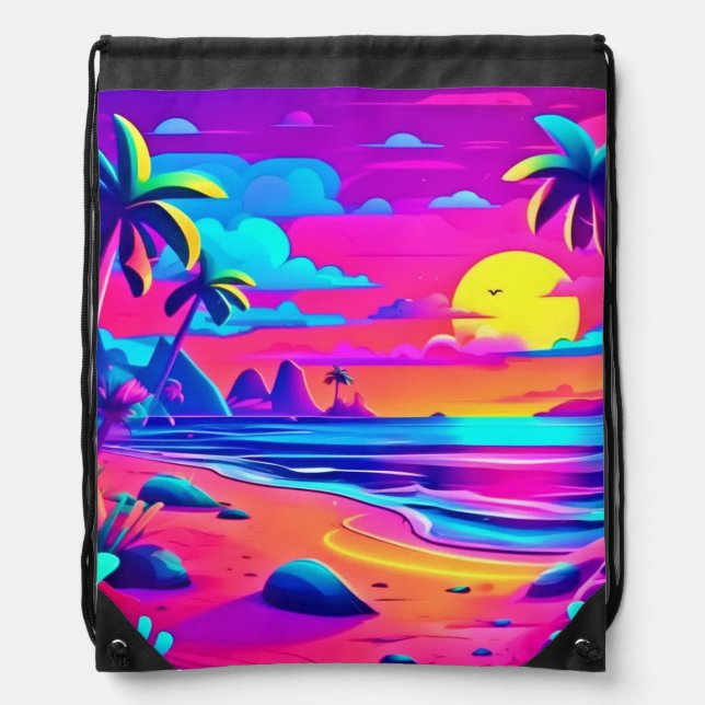 Tropical Neon Beach Sunset Art Drawstring Bag (Front)