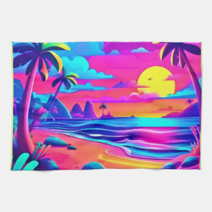 Tropical Neon Beach Sunset Art Kitchen Towel