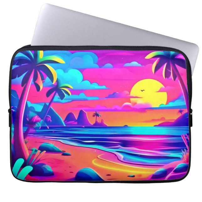 Tropical Neon Beach Sunset Art Laptop Sleeve (Front)