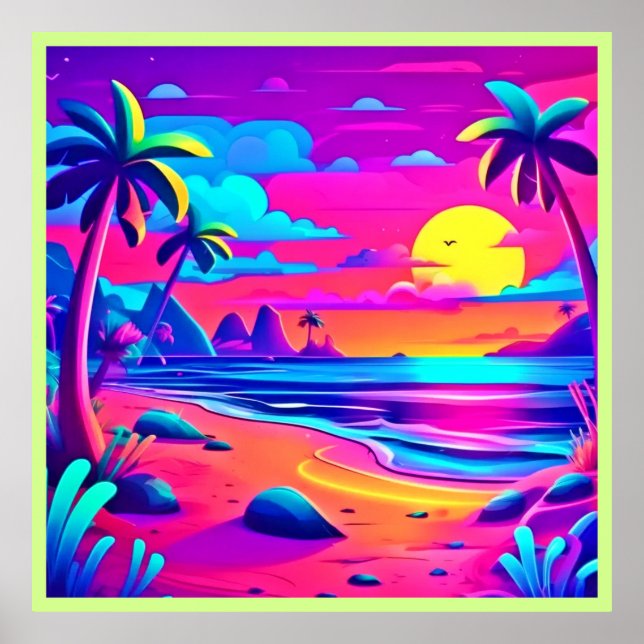 Tropical Neon Beach Sunset Art Poster (Front)