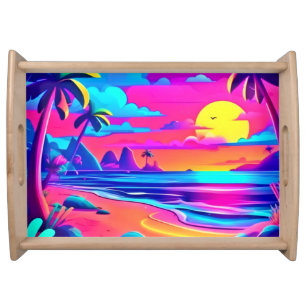 Tropical Neon Beach Sunset Art Serving Tray