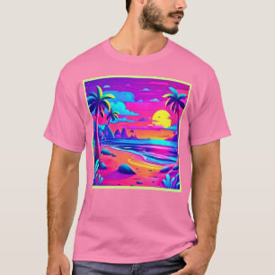 Tropical Neon Beach Sunset Art T-Shirt