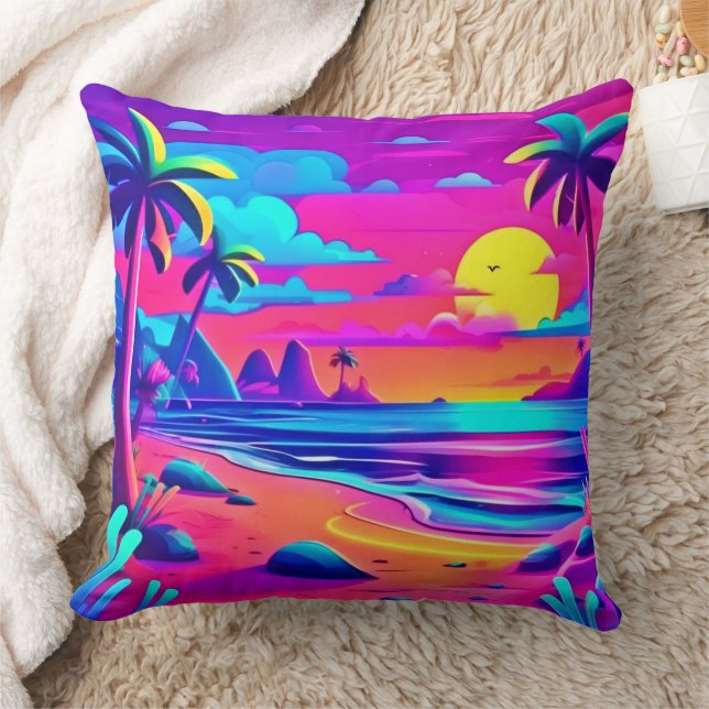 Tropical Neon Beach Sunset Art Throw Pillow (Blanket)