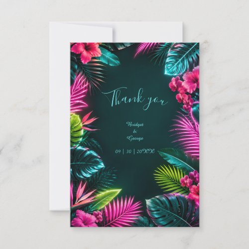 Tropical Neon Botanical Wedding Paradise Thank You Card