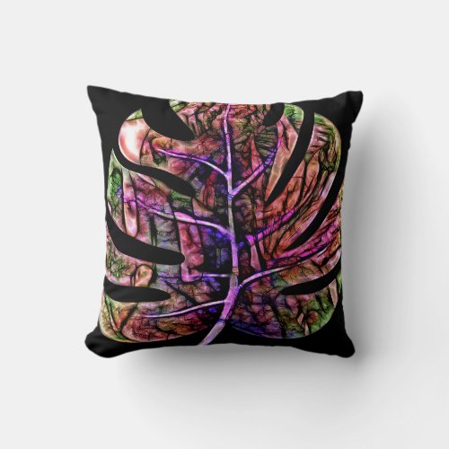 Tropical Neon Bright Leaf Throw Pillow