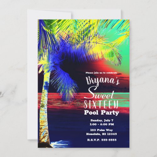 Tropical Neon Color Beach Palm Sweet 16 Invitation