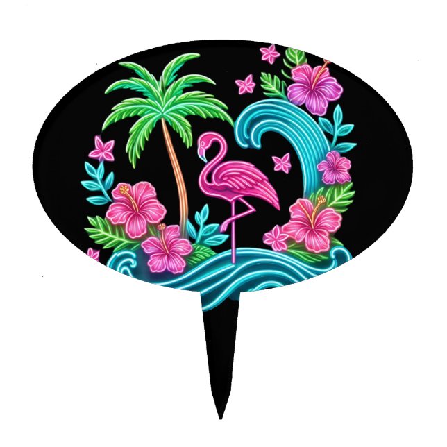 Tropical Neon Flamingo Cake Topper (Front)