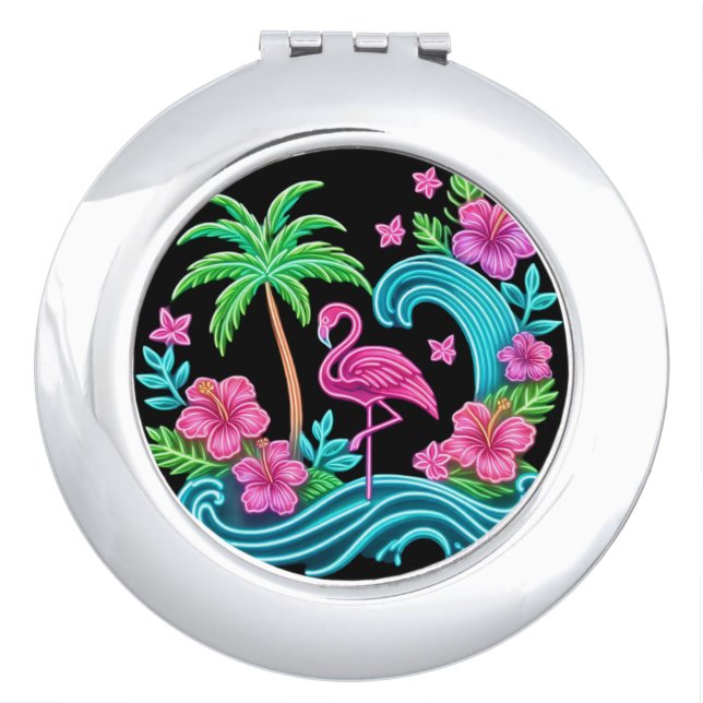 Tropical Neon Flamingo Compact Mirror (Front)