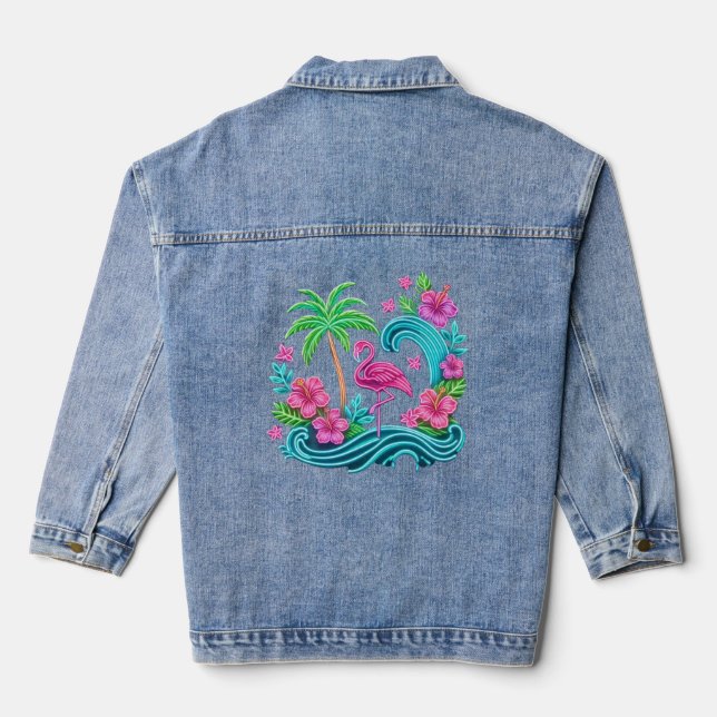 Tropical Neon Flamingo Denim Jacket (Back)
