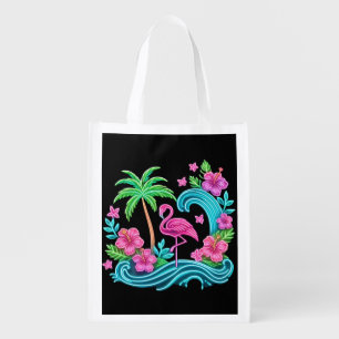 Tropical Neon Flamingo Grocery Bag