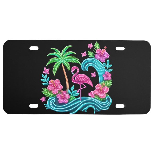 Tropical Neon Flamingo License Plate (Front)