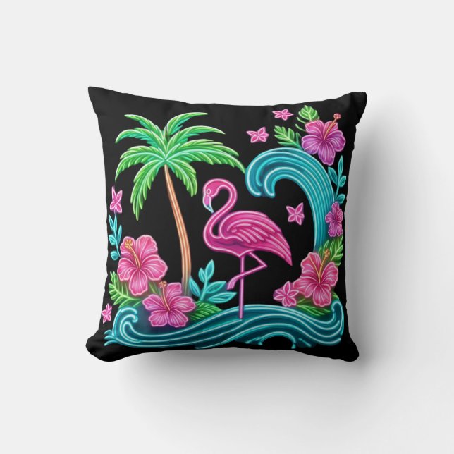Tropical Neon Flamingo Throw Pillow (Front)