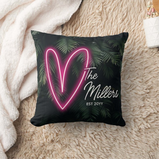Tropical Neon Heart Couple Anniversary Throw Pillow (Blanket)