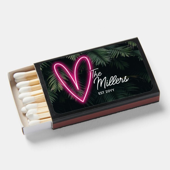 Tropical Neon Heart Last Name Wedding Matches (Front Open)