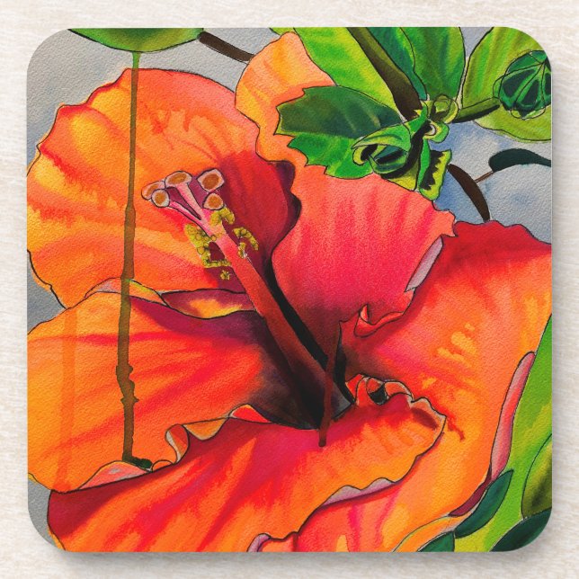 Tropical Neon Hibiscus flower Beverage Coaster (Front)