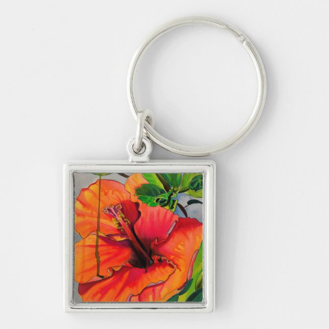 Tropical Neon Hibiscus flower Keychain (Front)