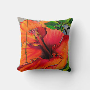 Tropical Neon Hibiscus flower Throw Pillow