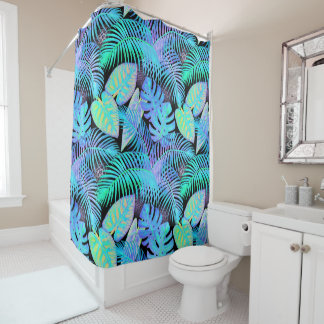 Tropical Neon Leaf Pattern on Black Shower Curtain