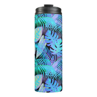 Tropical Neon Leaf Pattern on Black Thermal Tumbler