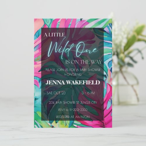 Tropical Neon Palm Leaves Monstera Baby Shower Invitation