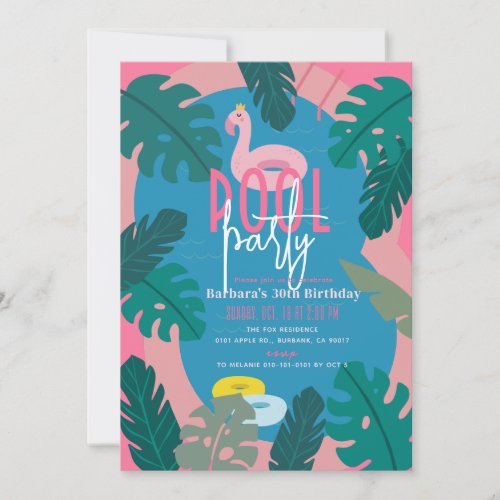 Tropical Neon Pink Pool Adult Birthday Invitation