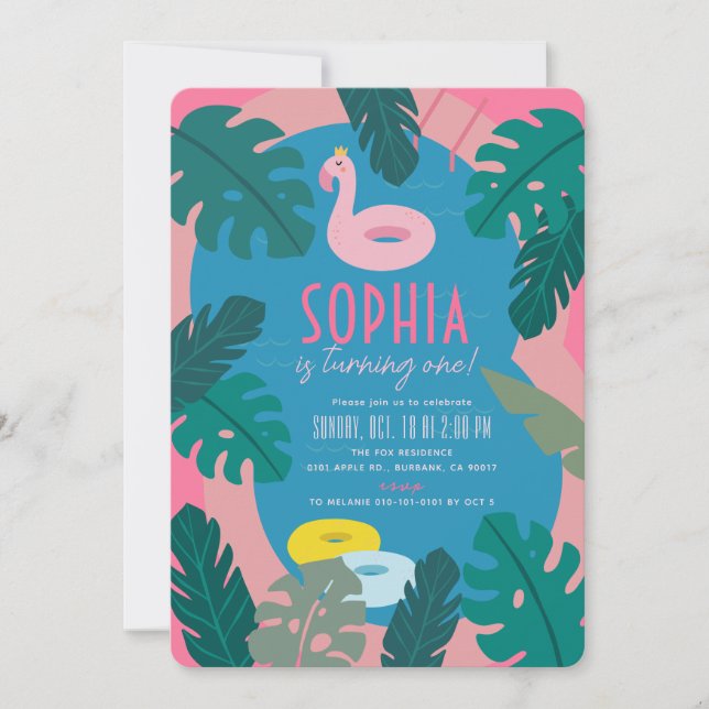 Tropical Neon Pink Pool Girl 1st Birthday Invitation (Front)