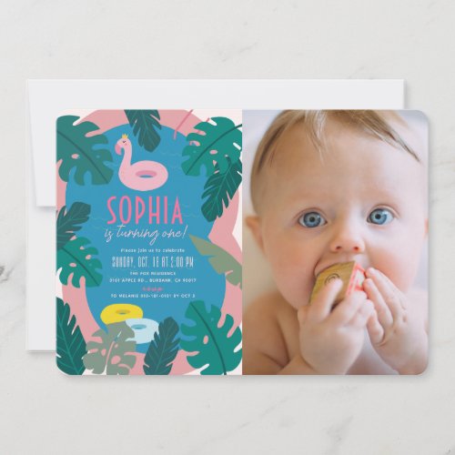 Tropical Neon Pink Pool Girl 1st Birthday Photo Invitation