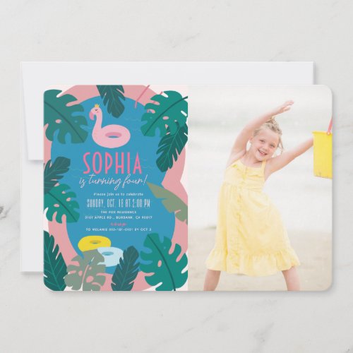 Tropical Neon Pink Pool Girl Birthday Photo Invitation