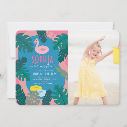 Tropical Neon Pink Pool Girl Birthday Photo Invitation